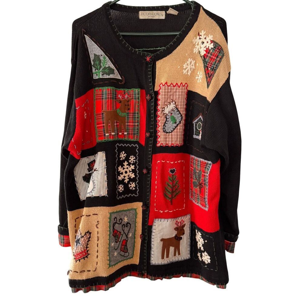 Victoria Jones Woman Vintage Christmas 90's Patchwork Cardigan Sweater Plus 1X